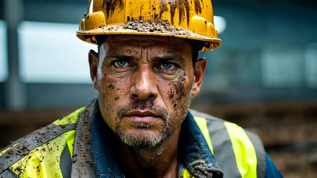 Close up of tired construction worker with dirt on face wearing yellow safety helmet and reflective jacket on site