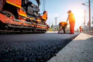 Two construction workers in reflective vests are meticulously spreading asphalt on a road, while heavy machinery prepares the surface under clear blue skies