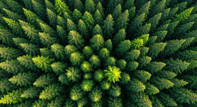 Vast evergreen forest canopy viewed directly from above showing dense green tree tops