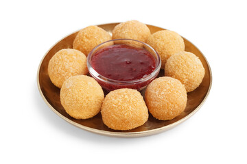 Plate with tasty fried mozzarella balls and sweet sauce in white background