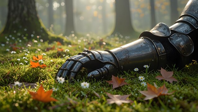 A knights gauntlet rests on a grassy forest floor with autumn leaves