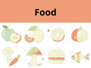 Fototapeta premium Colorful food illustrations featuring fruits, vegetables, and snacks 
