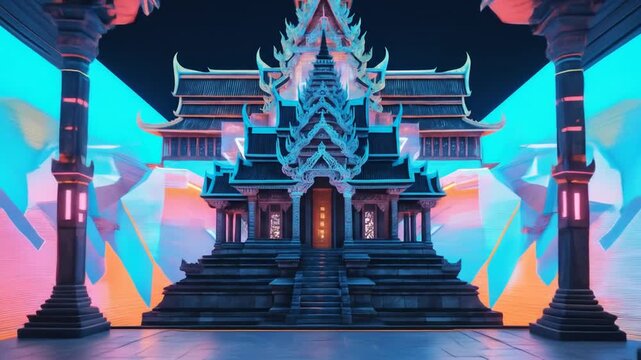 Futuristic Thai Temple with Neon Lights and Architectural Details in Video