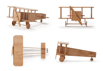 wooden Airplane Toy Isolated . 3D rendering