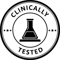 Circular stamp or seal with the words clinically tested and a laboratory flask icon representing scientific research and development © Safwan Creatives