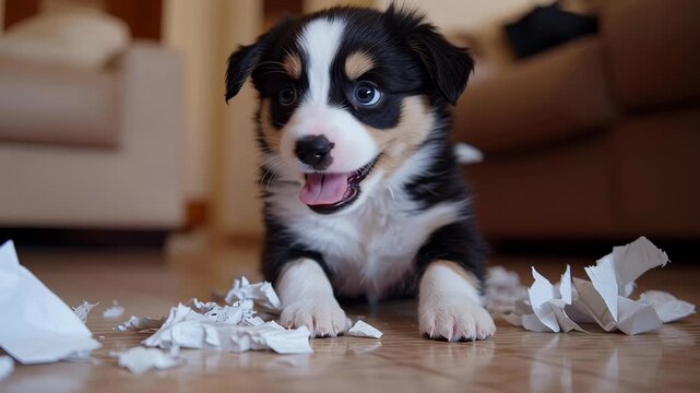 Playful puppy tearing paper in living room setting: adorable mischief in high resolution