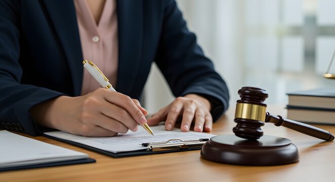 A lawyer is signing a last will and testament during a meeting with a client in their office. A senior man discussing the will with lawyer