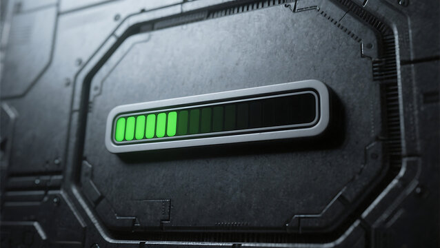 Green progress bar indicator on dark metallic futuristic technology panel, close-up view showing almost full battery charge or loading process - Powered by Adobe