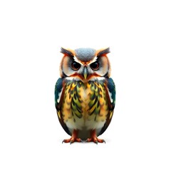 Naklejka premium A vibrant multicolor owl with intricate feather patterns in shades of blue, green, yellow, and orange, perched on a clean and minimalist white background