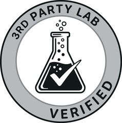 Circular emblem featuring a laboratory flask with a checkmark inside signifying third party lab verified quality and assurance