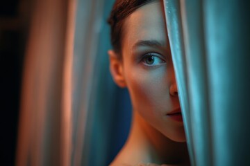 Close-up of a poised ballerina gazing through a curtain, her expression revealing excitement and anticipation moments before her dance performance begins in a theater