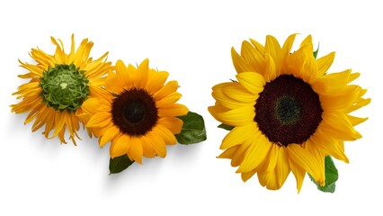 Bright sunflower collection isolated on white background, perfect for botanical design, floral patterns, invitations, summer decoration, and natural themed projects