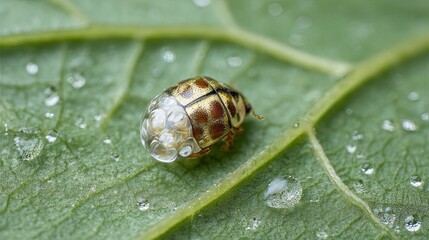 Stunning close-up of a golden ladybug covered in water droplets resting delicately on a vibrant leaf