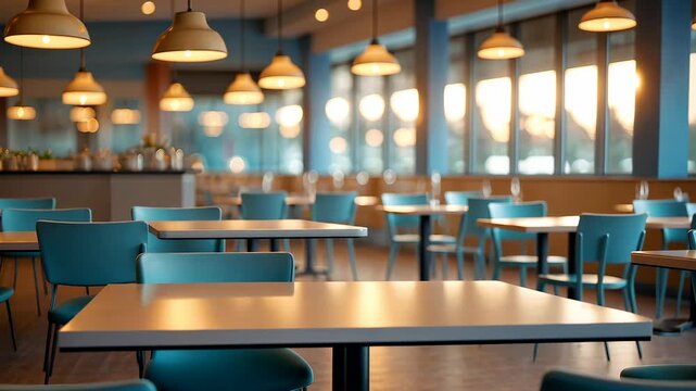 Spacious modern cafeteria interior with empty tables, blue chairs and warm hanging ceiling lights during sunset time