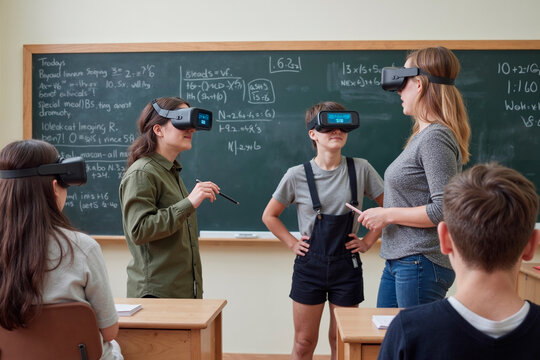 Caucasian female teacher interacting with group of teenagers wearing virtual reality headsets in classroom, students standing and sitting at desks, chalkboard with math equations in background