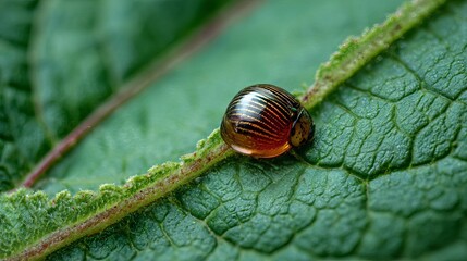 Stunning gold bug resting peacefully on a vibrant green leaf in the forest, nature's hidden beauty