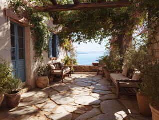 Fototapeta premium A stone walkway with a view of the ocean. There are several potted plants and benches along the walkway