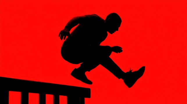 Silhouette of man jumping over obstacle with red background design