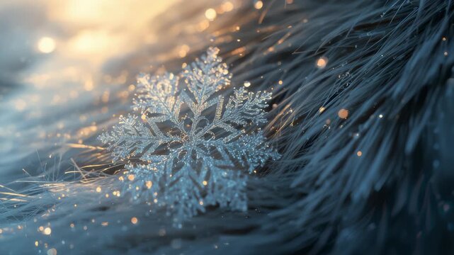 Crystalline snowflake on textured surface with drifting glitter