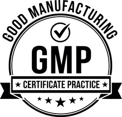 Gmp good manufacturing practice certification seal with a checkmark and stars indicating quality and compliance in production processes