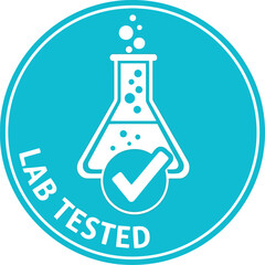 Fototapeta premium Blue circular icon with a white laboratory flask and a checkmark indicating lab tested quality and scientific approval