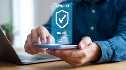 Man using smartphone for secure online payment with digital security shield overlay
