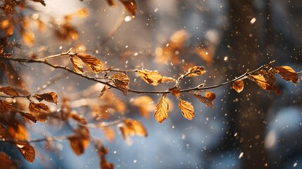 Autumn leaves clinging to branch as first snow falls in a dreamy forest scene
