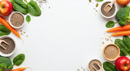 Healthy Eating Flat Lay with Fresh Produce and Seeds, Colorful Vegetables, Fruit and Seeds Arranged as Frame on White Background