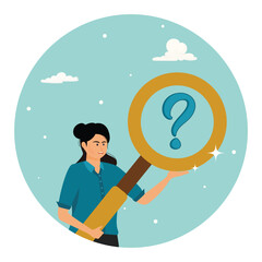 Analyze information to find solution or answer. Woman Inspecting a Magnified Question Mark.