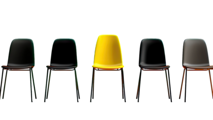 A single yellow chair stands out amidst a row of dark chairs