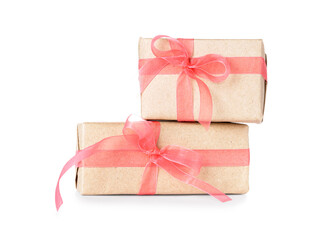 Gift boxes with pink bow on white background. International Women's Day