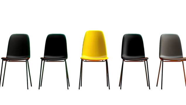 A single yellow chair stands out amidst a row of dark chairs