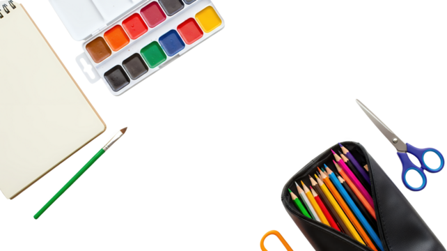 Watercolor paints colored pencils notebook scissors and brush artist supplies artistic background black transparent background