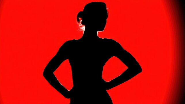 Silhouette of a confident woman on red background with hands on hips