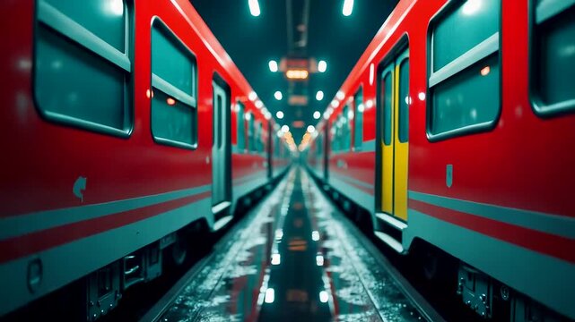 Two red trains standing opposite each other at modern station platform with shiny wet reflective flooring at night