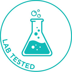 Circular stamp or seal with a laboratory flask icon and the text lab tested symbolizing scientific research and quality assurance