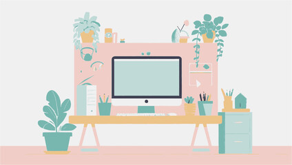 Desk with computer and houseplants on pink background suitable for website banners, business presentations, and social media posts.