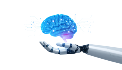 Robotic hand holding glowing digital brain, isolated on transparent background, symbol of AI innovation