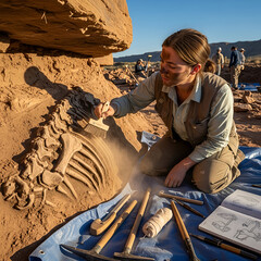 Paleontologist Excavating Dinosaur Fossil in Desert