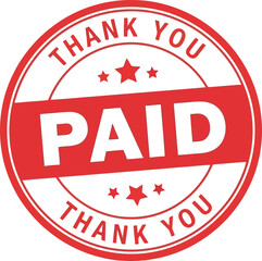 Red circular stamp with the word paid prominently displayed in white letters and surrounded by thank you text and small stars © Safwan Creatives