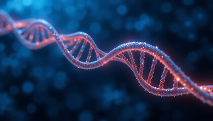 Intricate glowing double helix dna strand symbolizing life s genetic code and scientific discovery against a blurred blue background representing molecular biology and research