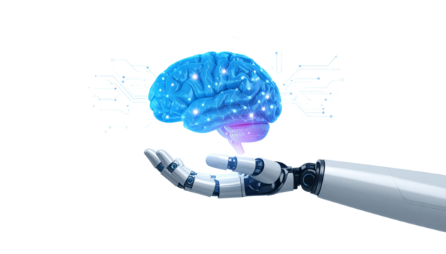 Robotic hand holding glowing digital brain, isolated on transparent background, symbol of AI innovation
