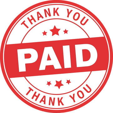 Red circular stamp with the word paid prominently displayed in white letters and surrounded by thank you text and small stars