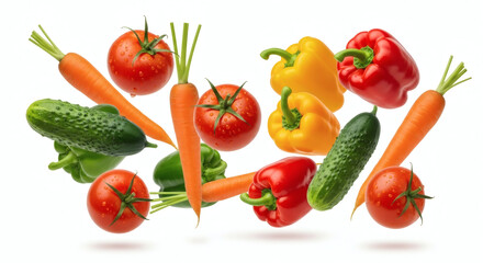 Vibrant medley of fresh vegetables on a clean white background, Showcase of colorful, healthy produce floating in a crisp, minimalist composition
