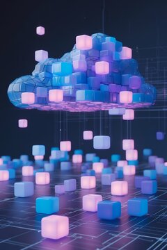 professional photo of a data cloud represented by a multitude of glowing cubes in various sizes and hues of blue and purple floating above a complex digital network with subtle grid patterns and