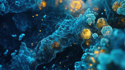 Obraz premium Abstract rendering of cellular structures with blue and gold color palette in detailed view