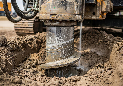 Drilling machine with large auger bit excavating dirt and rocks from ground. Soil sampling during pile drilling. Extraction of underground material for geotechnical analysis and foundation assessment.