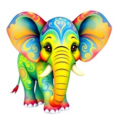 Obraz premium A vibrant multicolor elephant with intricate patterns and swirls of blue, yellow, green, and red hues, set against a clean and bright white background