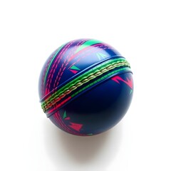 A vibrant multicolor cricket ball with intricate stitch patterns and a glossy finish is centered on a clean and minimalist white background