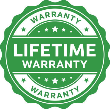 Green circular stamp with the words lifetime warranty prominently displayed in white text against a bright green background